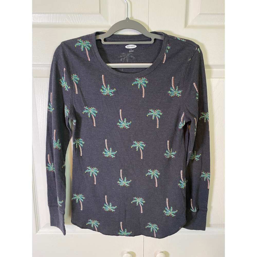 Old Navy Womens Large Thermal Waffle Knit Palm Tree Print Long Sleeve Top Gray